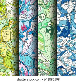 Set of tracery colorful seamless patterns. Vertical stripes. Curved doodling backgrounds for textile or printing with mehndi and ethnic motives. Vector