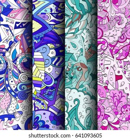 Set of tracery colorful seamless patterns. Vertical stripes. Curved doodling backgrounds for textile or printing with mehndi and ethnic motives. Vector