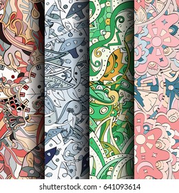 Set of tracery colorful seamless patterns. Vertical stripes. Curved doodling backgrounds for textile or printing with mehndi and ethnic motives. Vector