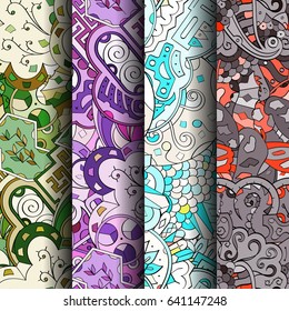 Set of tracery colorful seamless patterns. Vertical stripes. Curved doodling backgrounds for textile or printing with mehndi and ethnic motives. Vector