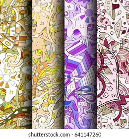 Set of tracery colorful seamless patterns. Vertical stripes. Curved doodling backgrounds for textile or printing with mehndi and ethnic motives. Vector