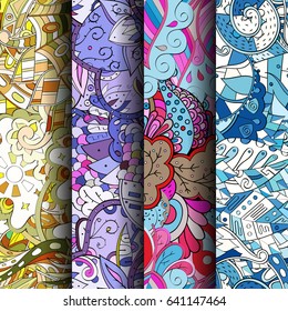 Set of tracery colorful seamless patterns. Vertical stripes. Curved doodling backgrounds for textile or printing with mehndi and ethnic motives. Vector