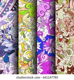 Set of tracery colorful seamless patterns. Vertical stripes. Curved doodling backgrounds for textile or printing with mehndi and ethnic motives. Vector