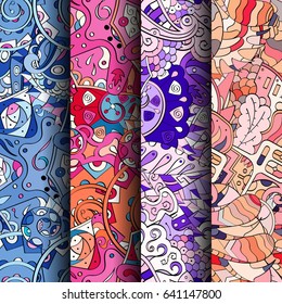 Set of tracery colorful seamless patterns. Vertical stripes. Curved doodling backgrounds for textile or printing with mehndi and ethnic motives. Vector