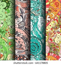 Set of tracery colorful seamless patterns. Vertical stripes. Curved doodling backgrounds for textile or printing with mehndi and ethnic motives. Vector