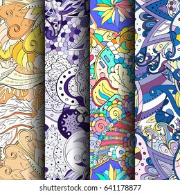 Set of tracery colorful seamless patterns. Vertical stripes. Curved doodling backgrounds for textile or printing with mehndi and ethnic motives. Vector