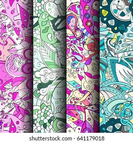 Set of tracery colorful seamless patterns. Vertical stripes. Curved doodling backgrounds for textile or printing with mehndi and ethnic motives. Vector