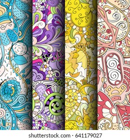 Set of tracery colorful seamless patterns. Vertical stripes. Curved doodling backgrounds for textile or printing with mehndi and ethnic motives. Vector