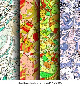 Set of tracery colorful seamless patterns. Vertical stripes. Curved doodling backgrounds for textile or printing with mehndi and ethnic motives. Vector