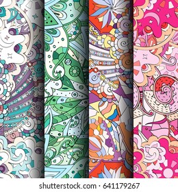 Set of tracery colorful seamless patterns. Vertical stripes. Curved doodling backgrounds for textile or printing with mehndi and ethnic motives. Vector