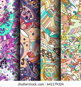 Set of tracery colorful seamless patterns. Vertical stripes. Curved doodling backgrounds for textile or printing with mehndi and ethnic motives. Vector