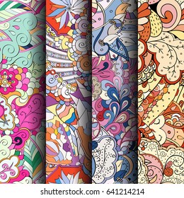 Set of tracery colorful seamless patterns. Vertical stripes. Curved doodling backgrounds for textile or printing with mehndi and ethnic motives. Vector