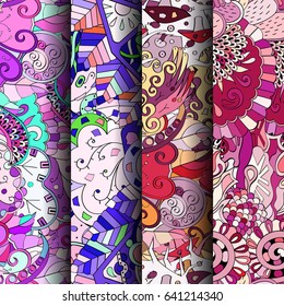 Set of tracery colorful seamless patterns. Vertical stripes. Curved doodling backgrounds for textile or printing with mehndi and ethnic motives. Vector
