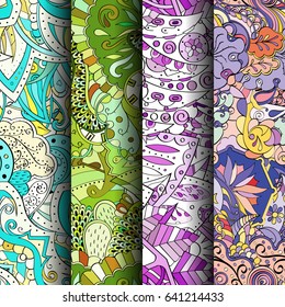 Set of tracery colorful seamless patterns. Vertical stripes. Curved doodling backgrounds for textile or printing with mehndi and ethnic motives. Vector