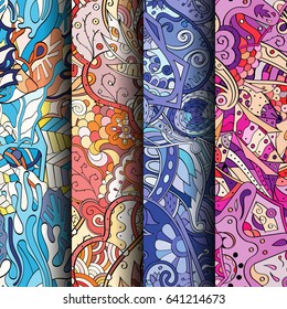 Set of tracery colorful seamless patterns. Vertical stripes. Curved doodling backgrounds for textile or printing with mehndi and ethnic motives. Vector