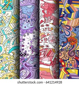 Set of tracery colorful seamless patterns. Vertical stripes. Curved doodling backgrounds for textile or printing with mehndi and ethnic motives. Vector