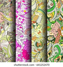Set of tracery colorful seamless patterns. Vertical stripes. Curved doodling backgrounds for textile or printing with mehndi and ethnic motives. Vector