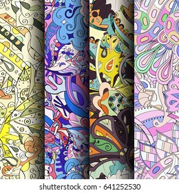 Set of tracery colorful seamless patterns. Vertical stripes. Curved doodling backgrounds for textile or printing with mehndi and ethnic motives. Vector
