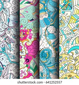 Set of tracery colorful seamless patterns. Vertical stripes. Curved doodling backgrounds for textile or printing with mehndi and ethnic motives. Vector