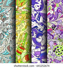 Set of tracery colorful seamless patterns. Vertical stripes. Curved doodling backgrounds for textile or printing with mehndi and ethnic motives. Vector