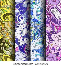 Set of tracery colorful seamless patterns. Vertical stripes. Curved doodling backgrounds for textile or printing with mehndi and ethnic motives. Vector
