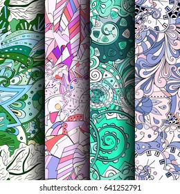 Set of tracery colorful seamless patterns. Vertical stripes. Curved doodling backgrounds for textile or printing with mehndi and ethnic motives. Vector
