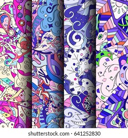 Set of tracery colorful seamless patterns. Vertical stripes. Curved doodling backgrounds for textile or printing with mehndi and ethnic motives. Vector