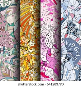 Set of tracery colorful seamless patterns. Vertical stripes. Curved doodling backgrounds for textile or printing with mehndi and ethnic motives. Vector