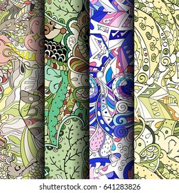 Set of tracery colorful seamless patterns. Vertical stripes. Curved doodling backgrounds for textile or printing with mehndi and ethnic motives. Vector
