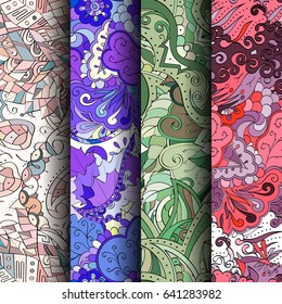Set of tracery colorful seamless patterns. Vertical stripes. Curved doodling backgrounds for textile or printing with mehndi and ethnic motives. Vector