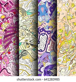 Set of tracery colorful seamless patterns. Vertical stripes. Curved doodling backgrounds for textile or printing with mehndi and ethnic motives. Vector