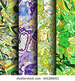 Set of tracery colorful seamless patterns. Vertical stripes. Curved doodling backgrounds for textile or printing with mehndi and ethnic motives. Vector