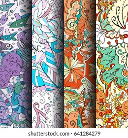 Set of tracery colorful seamless patterns. Vertical stripes. Curved doodling backgrounds for textile or printing with mehndi and ethnic motives. Vector