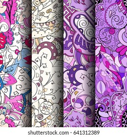 Set of tracery colorful seamless patterns. Vertical stripes. Curved doodling backgrounds for textile or printing with mehndi and ethnic motives. Vector