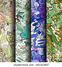 Set of tracery colorful seamless patterns. Vertical stripes. Curved doodling backgrounds for textile or printing with mehndi and ethnic motives. Vector