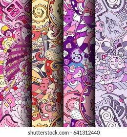 Set of tracery colorful seamless patterns. Vertical stripes. Curved doodling backgrounds for textile or printing with mehndi and ethnic motives. Vector