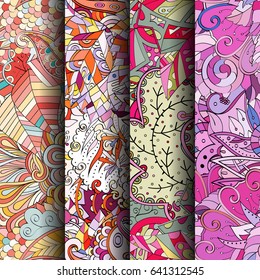 Set of tracery colorful seamless patterns. Vertical stripes. Curved doodling backgrounds for textile or printing with mehndi and ethnic motives. Vector