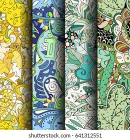 Set of tracery colorful seamless patterns. Vertical stripes. Curved doodling backgrounds for textile or printing with mehndi and ethnic motives. Vector
