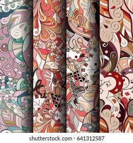 Set of tracery colorful seamless patterns. Vertical stripes. Curved doodling backgrounds for textile or printing with mehndi and ethnic motives. Vector
