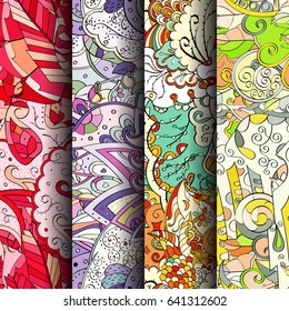 Set of tracery colorful seamless patterns. Vertical stripes. Curved doodling backgrounds for textile or printing with mehndi and ethnic motives. Vector