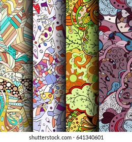 Set of tracery colorful seamless patterns. Vertical stripes. Curved doodling backgrounds for textile or printing with mehndi and ethnic motives. Vector