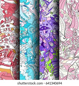 Set of tracery colorful seamless patterns. Vertical stripes. Curved doodling backgrounds for textile or printing with mehndi and ethnic motives. Vector