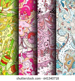 Set of tracery colorful seamless patterns. Vertical stripes. Curved doodling backgrounds for textile or printing with mehndi and ethnic motives. Vector