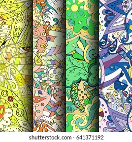 Set of tracery colorful seamless patterns. Vertical stripes. Curved doodling backgrounds for textile or printing with mehndi and ethnic motives. Vector