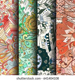 Set of tracery colorful seamless patterns. Vertical stripes. Curved doodling backgrounds for textile or printing with mehndi and ethnic motives. Vector