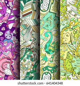 Set of tracery colorful seamless patterns. Vertical stripes. Curved doodling backgrounds for textile or printing with mehndi and ethnic motives. Vector