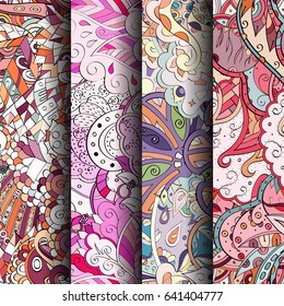 Set of tracery colorful seamless patterns. Vertical stripes. Curved doodling backgrounds for textile or printing with mehndi and ethnic motives. Vector