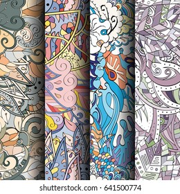 Set of tracery colorful seamless patterns. Vertical stripes. Curved doodling backgrounds for textile or printing with mehndi and ethnic motives. Vector