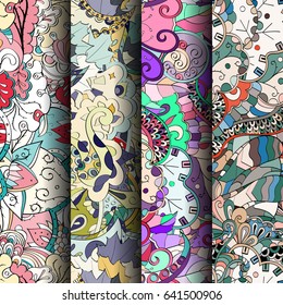 Set of tracery colorful seamless patterns. Vertical stripes. Curved doodling backgrounds for textile or printing with mehndi and ethnic motives. Vector