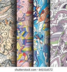 Set of tracery colorful seamless patterns. Vertical stripes. Curved doodling backgrounds for textile or printing with mehndi and ethnic motives. Vector